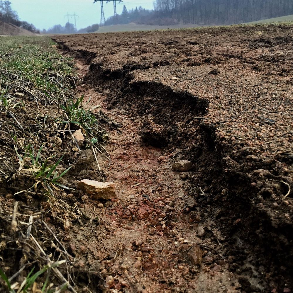 Pole s hlubokou rýhou způsobenou vodní erozí. Pole s hlubokou rýhou způsobenou vodní erozí.